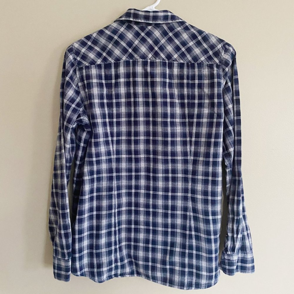 Eddie Bauer blue plaid flannel button down top - Picture 4 of 5